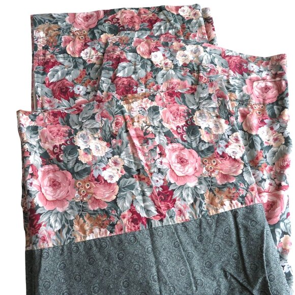 Vtg Floral Curtain Panels Blouson Valance Set Green Pink Roses Cottage Country
